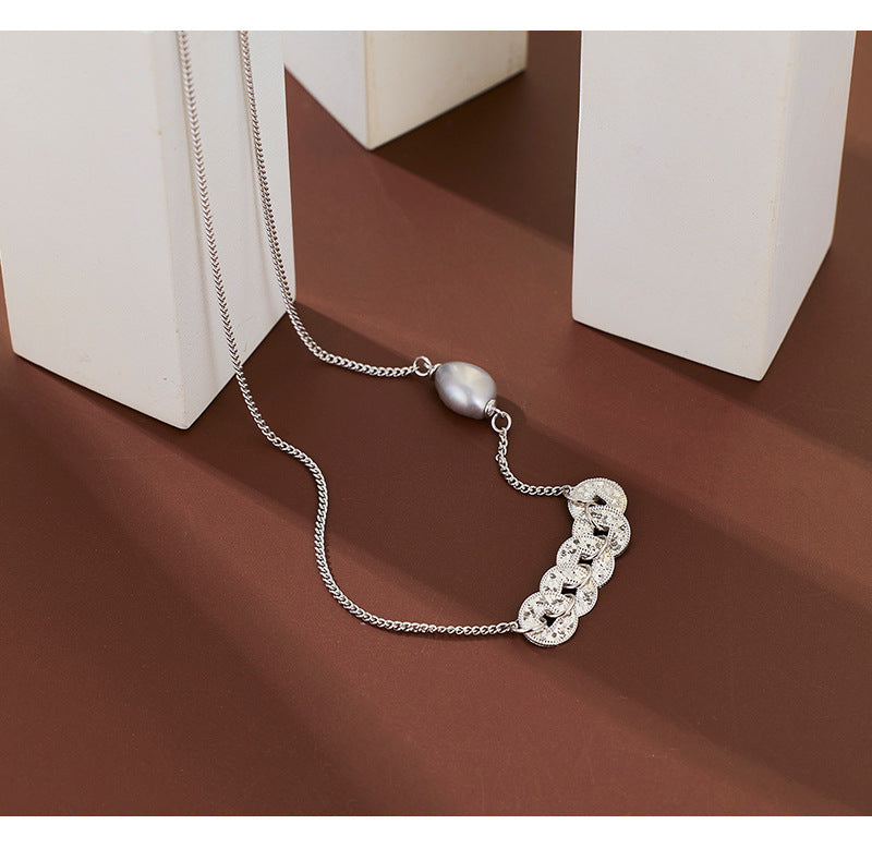 S925 Sterling Silver Five Emperors Money Necklace Niche Broken Irregular Baroque Bracelet Women