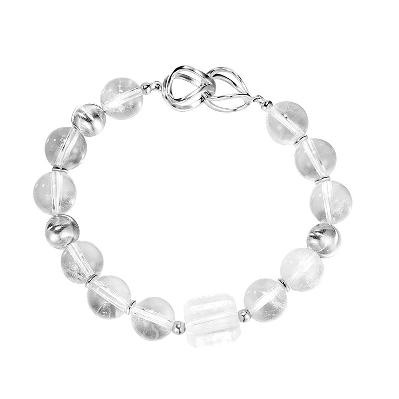S925 Sterling Silver Natural White Crystal Round Bead 8-character Buckle Bracelet