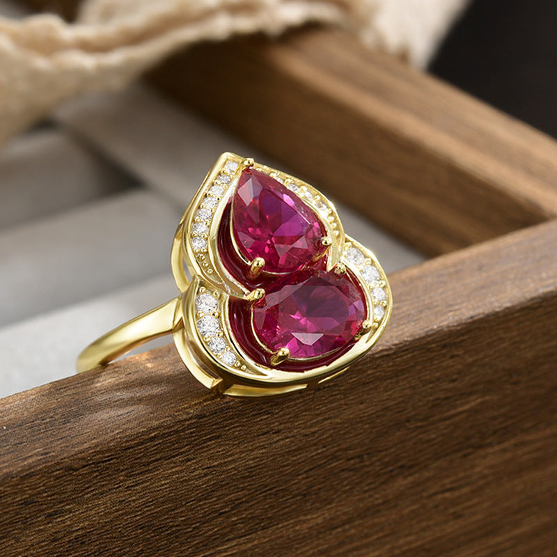 S925 Sterling Silver Luxury Gourd Corundum Ring Gold Diamond Inlaid Adjustable Opening Women's Ring Birthday Gift
