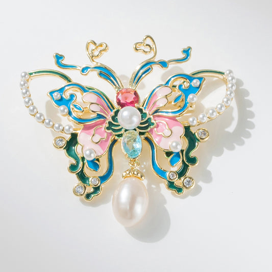 Wind Enamel Painted Butterfly Brooch Natural Pearl Insect Accessories Corsage