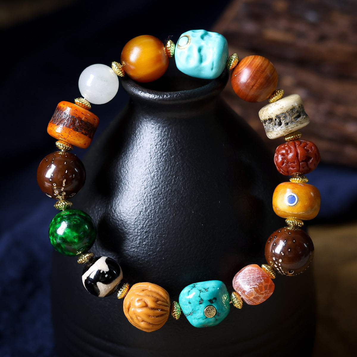 Buddha Life Tibetan Camel Bone Agate with Beads Duobao Bracelet for Men and Women Couples
