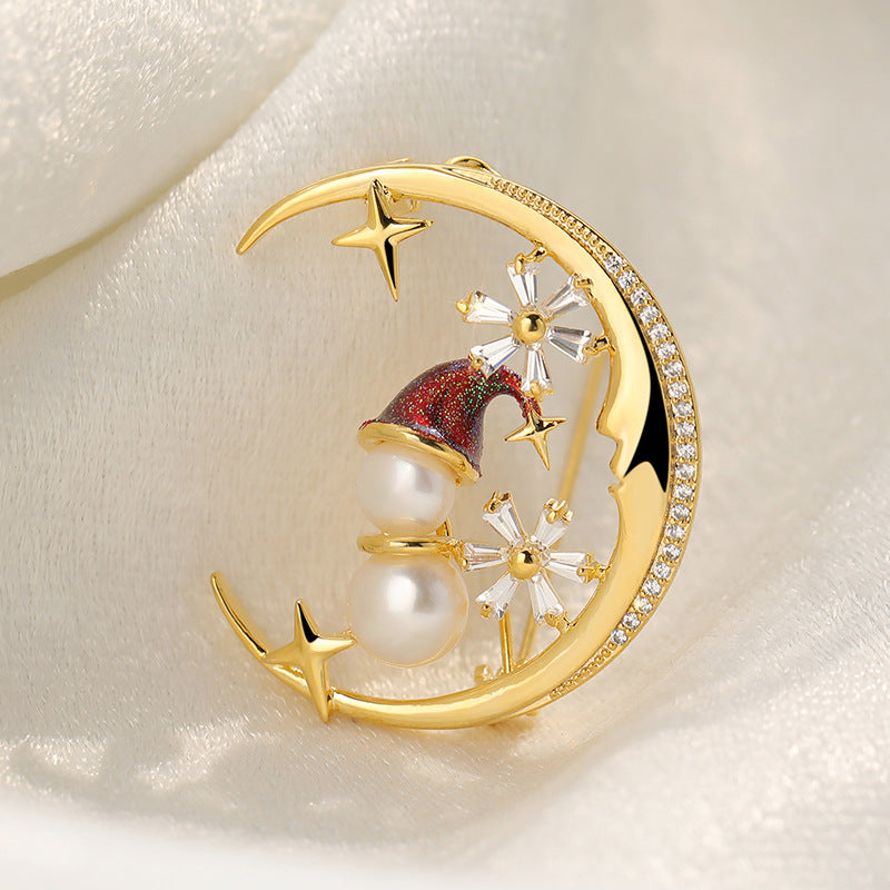 Zircon Moon Snowman Brooch, Freshwater Pearl Oil Christmas Gift Pin