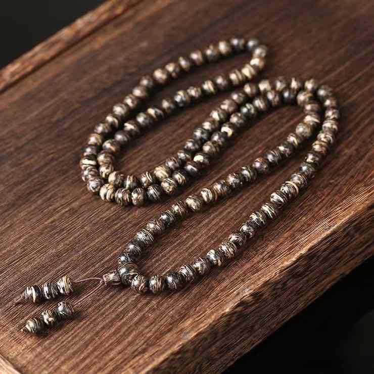 Buddha Life Tiger Skin Pattern Agarwood 108 Buddha Mala Beads Bracelet Necklace