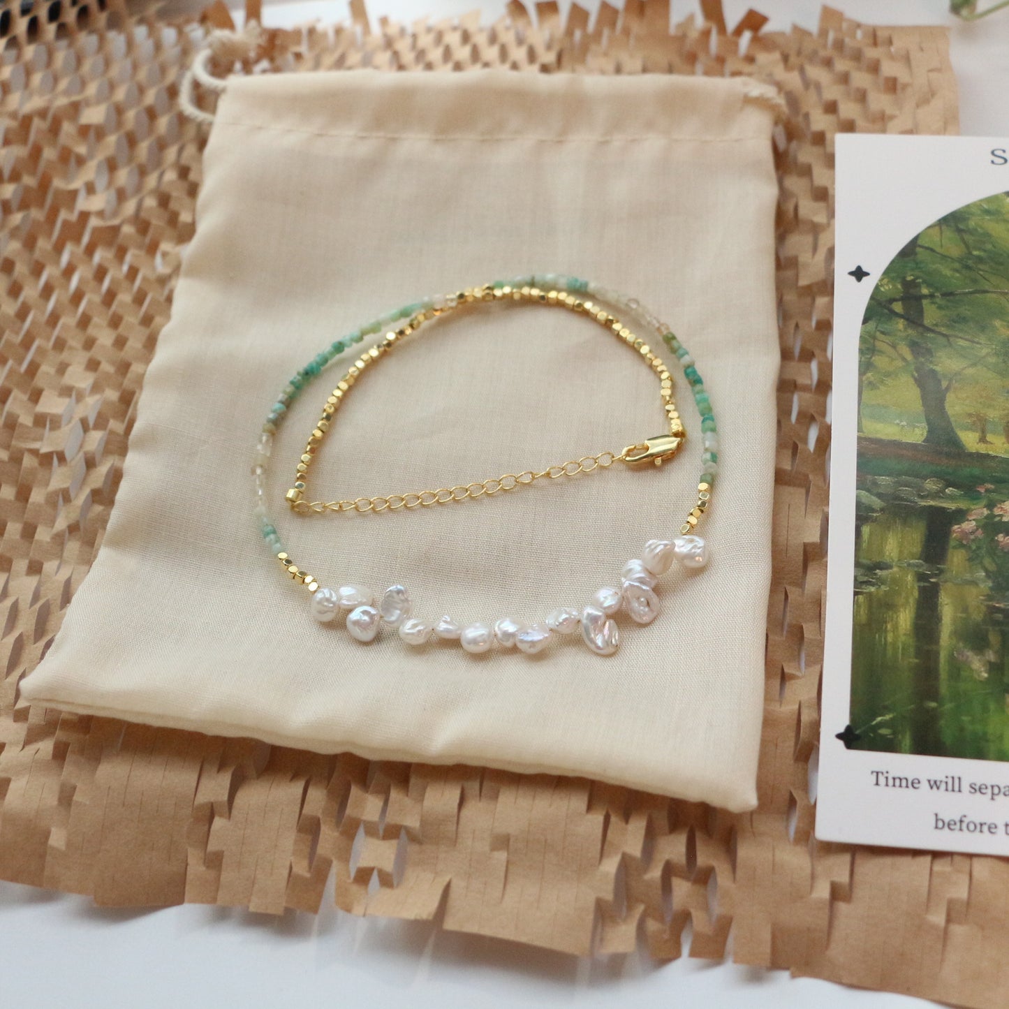 Buddha Life Natural Hetian Stone with Baroque Pearls, Necklace Bracelet, Copper-plated 18k Gold