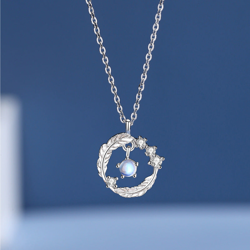 Dapaza S925 Sterling Silver Diamond Moonstone Feather Pendant Necklace