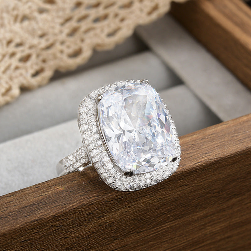 European Court Style Bright Shining Sugar Cube Ring 925 Sterling Silver Open Ring Luxury Diamond Ring Adjustable Ring