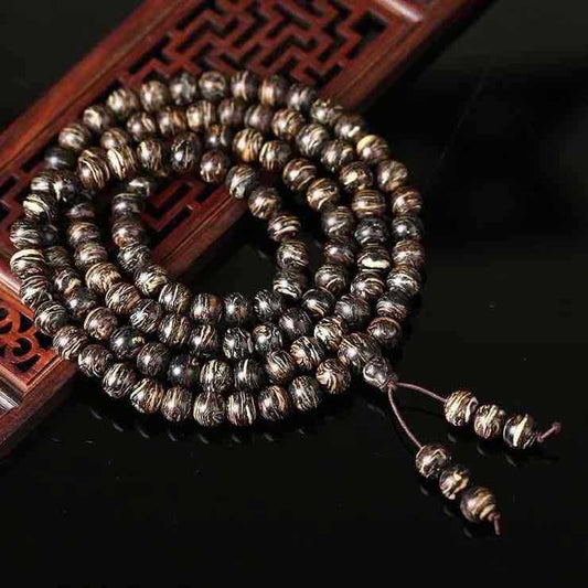 Buddha Life Tiger Skin Pattern Agarwood 108 Buddha Mala Beads Bracelet Necklace