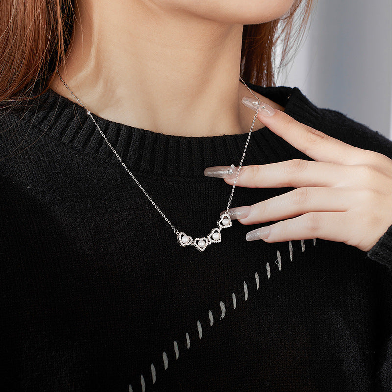 925 Sterling Silver Micro-inlaid Zircon Two Wearing Four-leaf Love Pearl Necklace Women's Niche Design Collarbone Chain