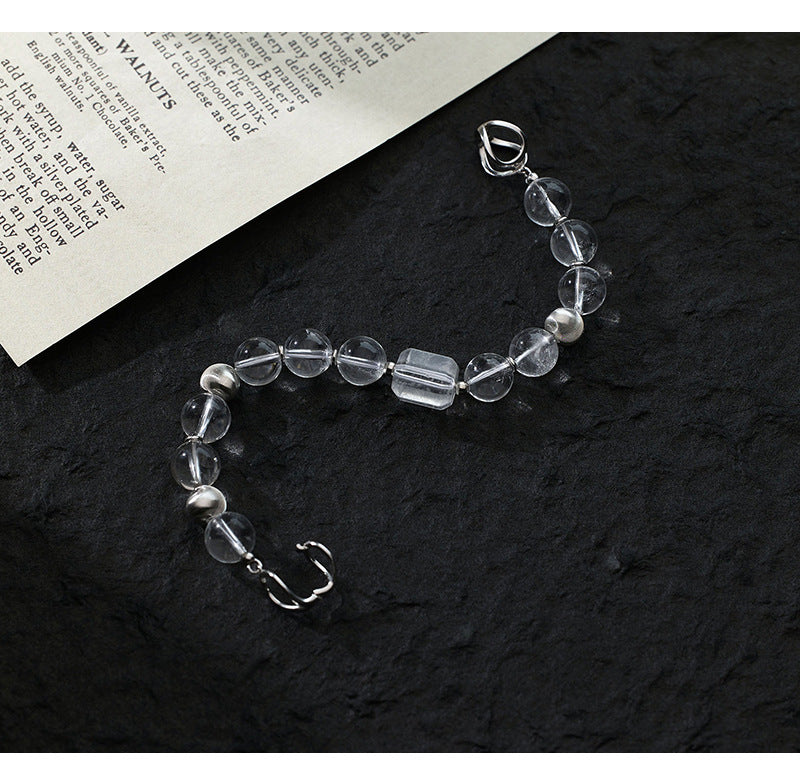 S925 Sterling Silver Natural White Crystal Round Bead 8-character Buckle Bracelet