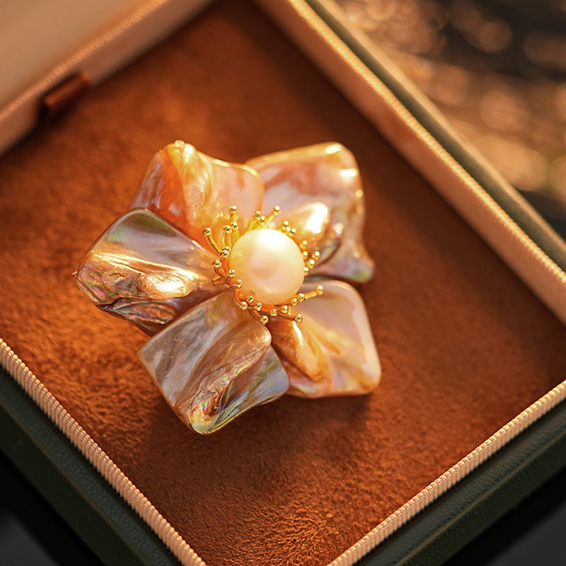 Buddha Life Shaped Baroque Shell Natural Freshwater Pearl Five Leaf Flower Brooch