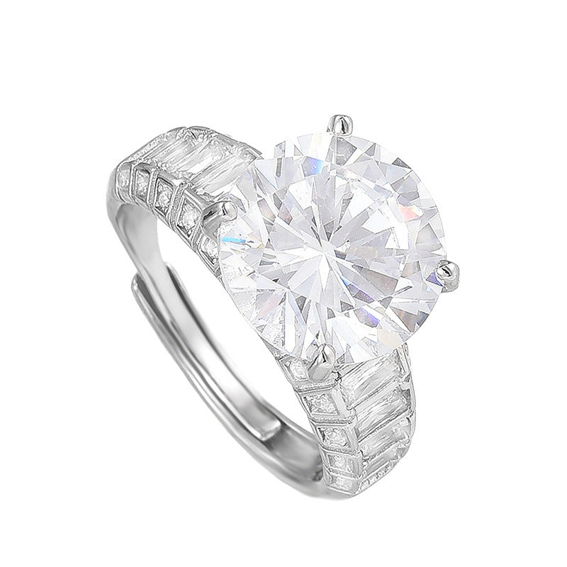 High-end French Super Flash Bright Mozzarella Diamond Large Carat Round S925 Sterling Silver Ring Light Luxury Open Women's Ring