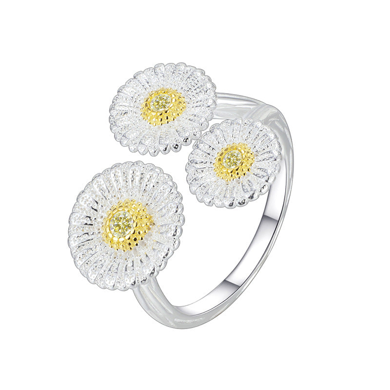 Dapaza Niche Premium Sense S925 Sterling Silver Italian Brushed Vintage Small Daisy Open Ring