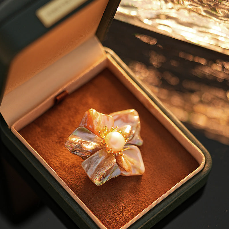 Buddha Life Shaped Baroque Shell Natural Freshwater Pearl Five Leaf Flower Brooch