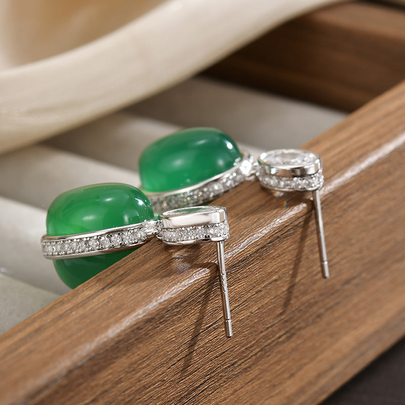 S925 Whole Body Sterling Silver Double-sided Natural Chalcedony Stud Earrings, Earrings, Egg Surface Earrings