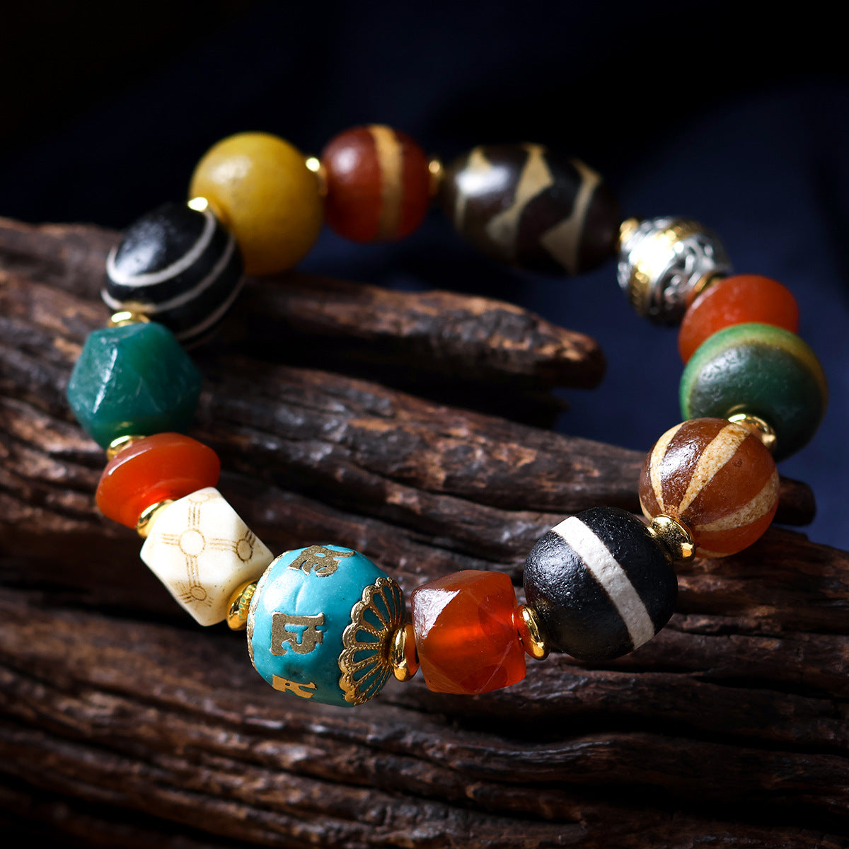 Buddha Life Tibetan Multi-treasure Bracelet, Dzi Bead Old Agate Melon Bead Six-character Motto Accessories Bracelet