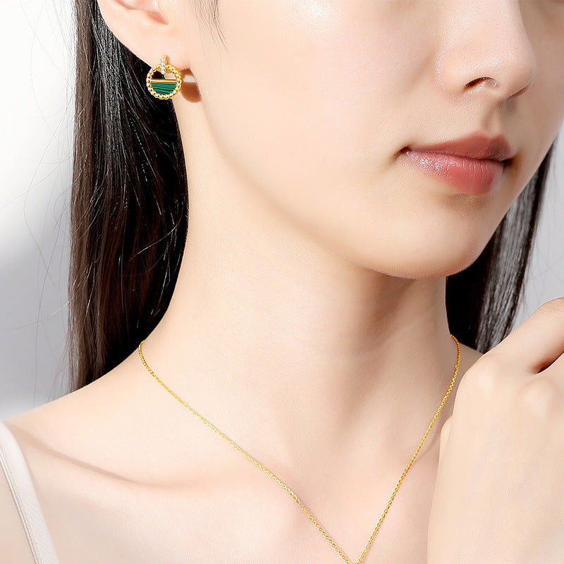 Dapaza Natural Malachite Diamond Hollow Round Earrings