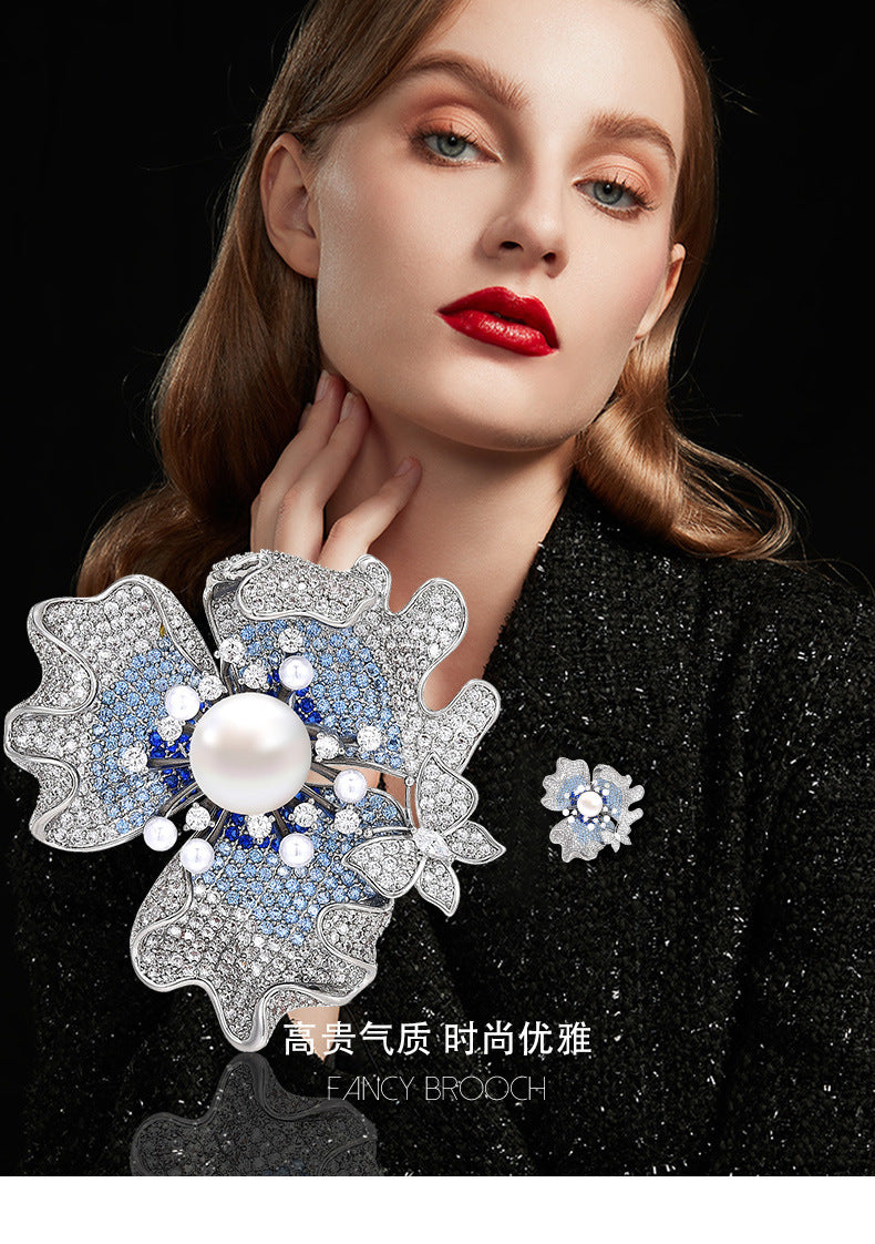 New Elegant Pearl Flower Brooch Retro High-end Full Diamond Zircon Flower Clothing Corsage
