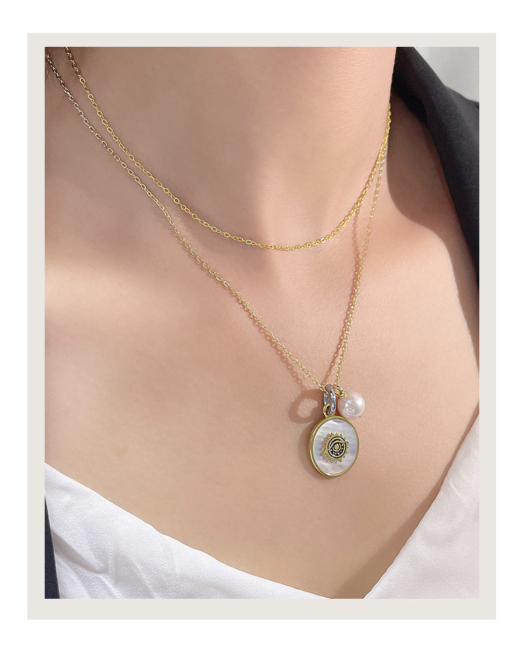 New S925 Silver Baroque Pearl White Mother Shell Blue Eye Necklace Collarbone Chain