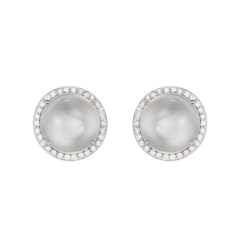 S925 Sterling Silver Stud Earrings High-end Natural Foam Jade Stud Earrings Clear Round Earrings Women's Gift