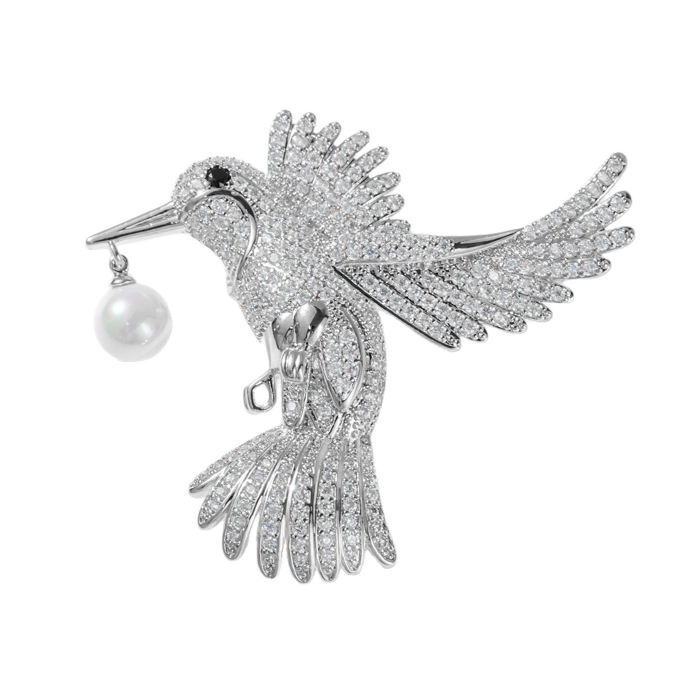 Silver White Pearl Hummingbird Brooch with Diamonds