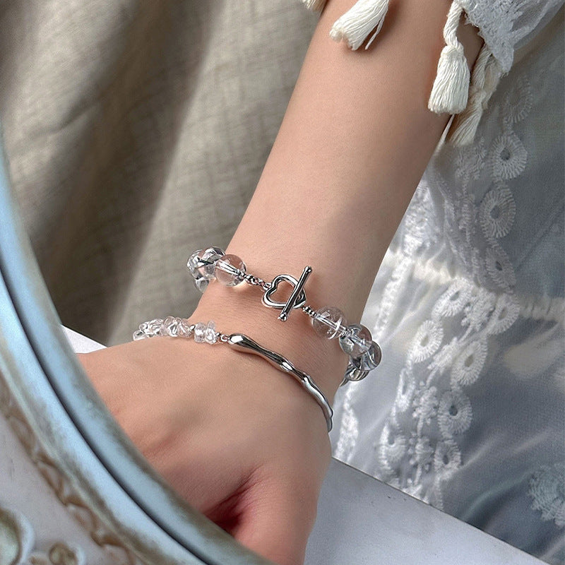 S925 Sterling Silver Natural White Crystal Bead Love OT Bracelet
