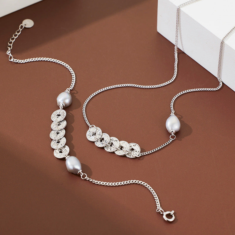 S925 Sterling Silver Five Emperors Money Necklace Niche Broken Irregular Baroque Bracelet Women