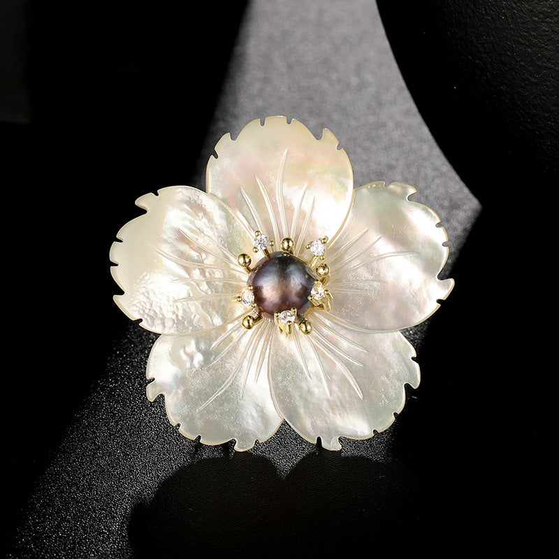 Natural Sea Shell Freshwater Pearl Peach Blossom Flower Brooch
