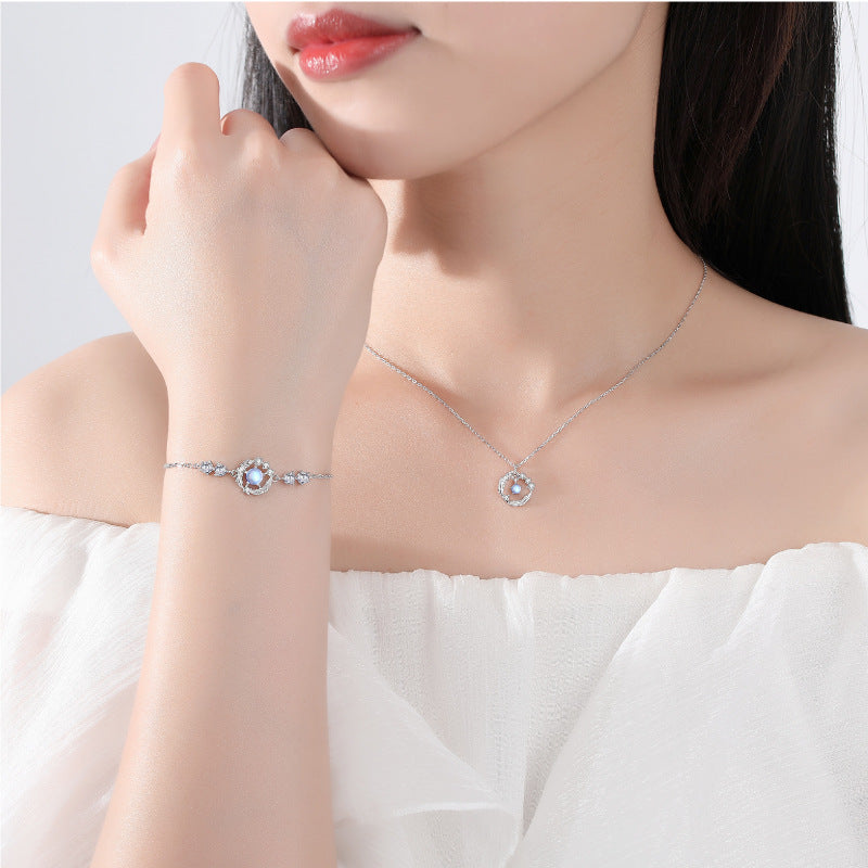 Dapaza S925 Sterling Silver Diamond Moonstone Feather Pendant Necklace