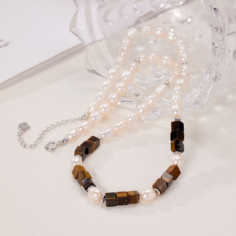 Maillard Style 925 Sterling Silver Tiger’s Eye & Pearl Necklace