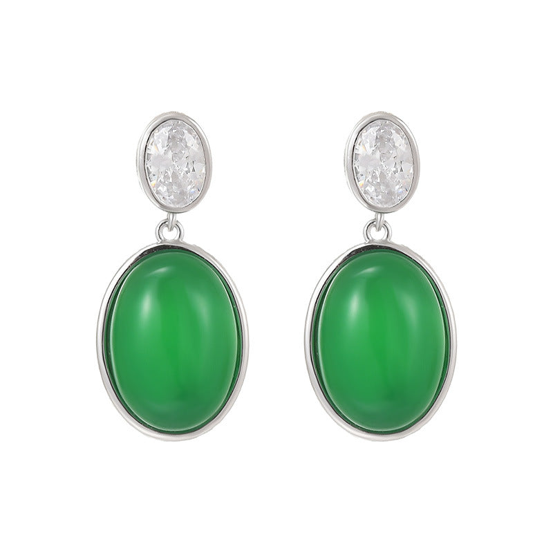 S925 Whole Body Sterling Silver Double-sided Natural Chalcedony Stud Earrings, Earrings, Egg Surface Earrings