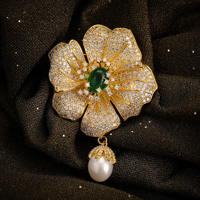 Chalcedony Natural Freshwater Pearl Camellia Brooch