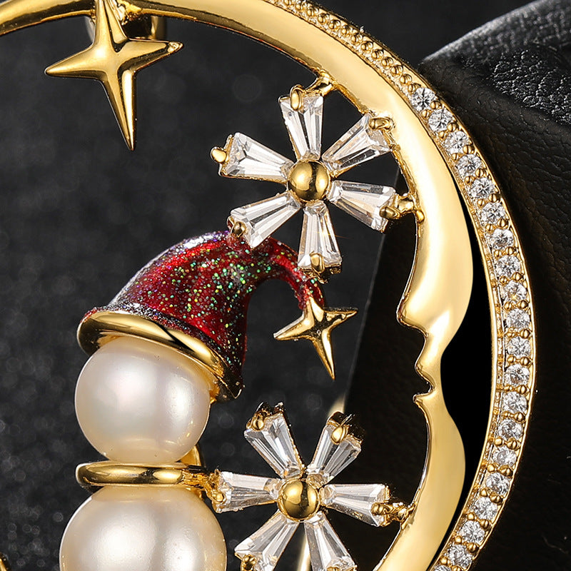 Zircon Moon Snowman Brooch, Freshwater Pearl Oil Christmas Gift Pin