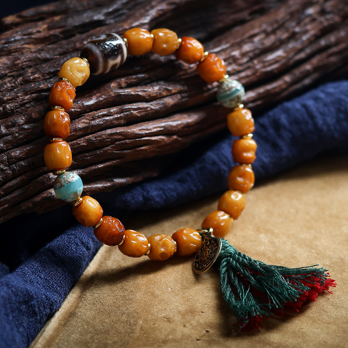 Buddha Life Tibetan Ornament Yak Bone Bracelet Two-eye Dzi Bead Bracelet.