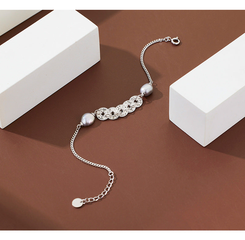 S925 Sterling Silver Five Emperors Money Necklace Niche Broken Irregular Baroque Bracelet Women