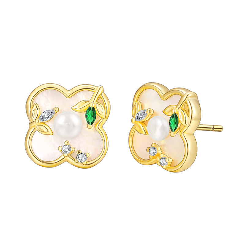 INS Hot-selling 925 Sterling Silver Lucky Grass Pearl Stud Earrings Women's Niche Design High-end Light Luxury Earrings