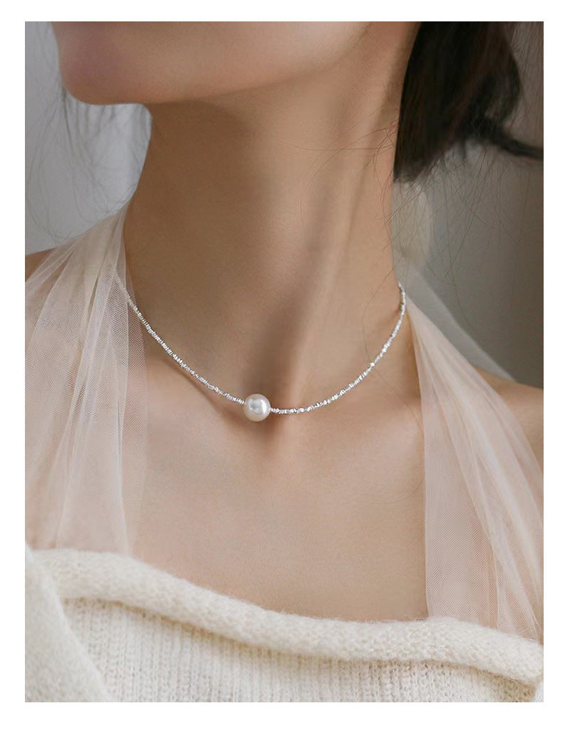 New S925 Sterling Silver Baroque Pearl Shredded Silver Necklace