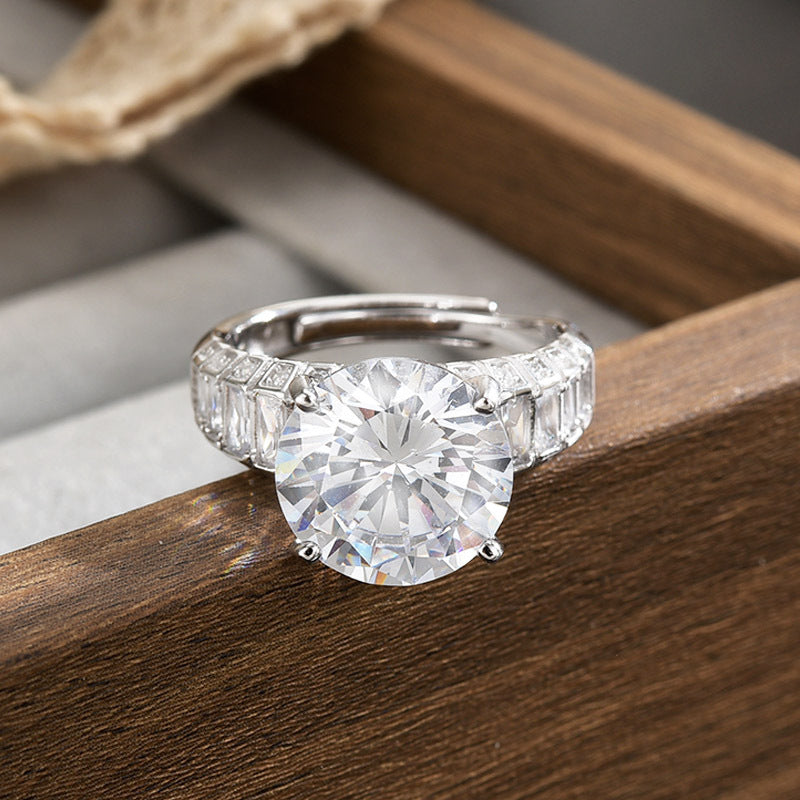 High-end French Super Flash Bright Mozzarella Diamond Large Carat Round S925 Sterling Silver Ring Light Luxury Open Women's Ring