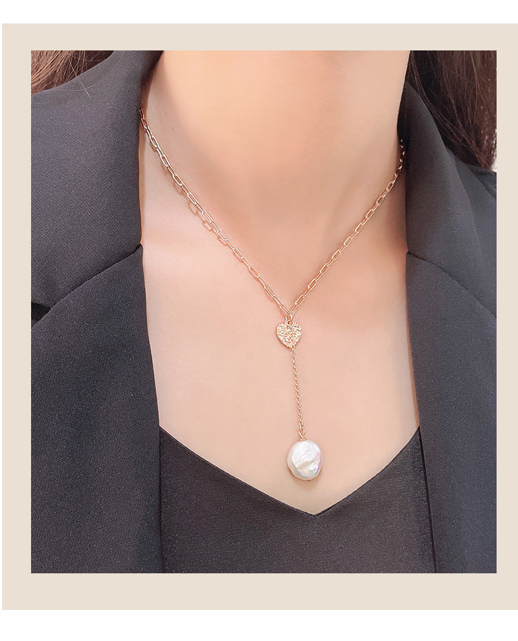 Gold Foil Love Necklace Women's 925 Silver Button Baroque Pearl Collarbone Chain