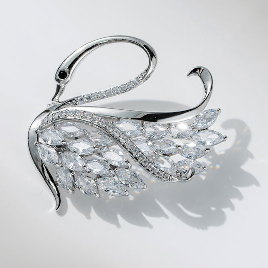 Silver White Swan Animal Versatile Suit Coat Zircon Brooch Women