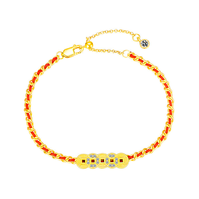 Five Emperors Money Bracelet Red Rope Women's 925 Sterling Silver Year of The Snake Birthday Year Niche Design Hand Jewelry