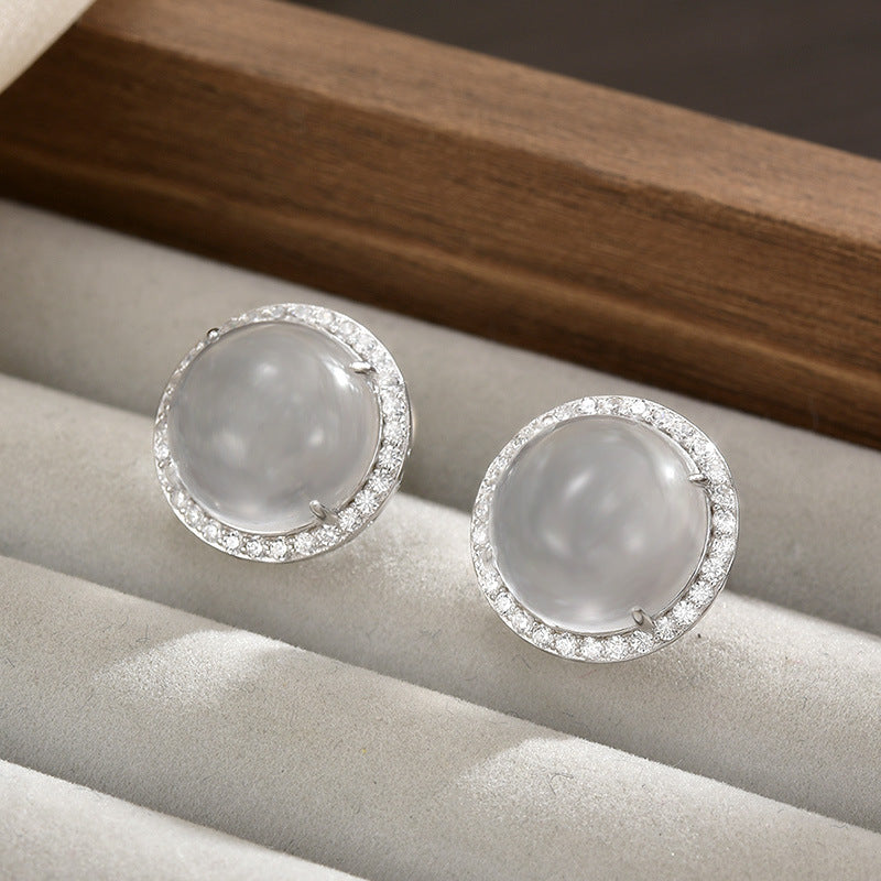 S925 Sterling Silver Stud Earrings High-end Natural Foam Jade Stud Earrings Clear Round Earrings Women's Gift