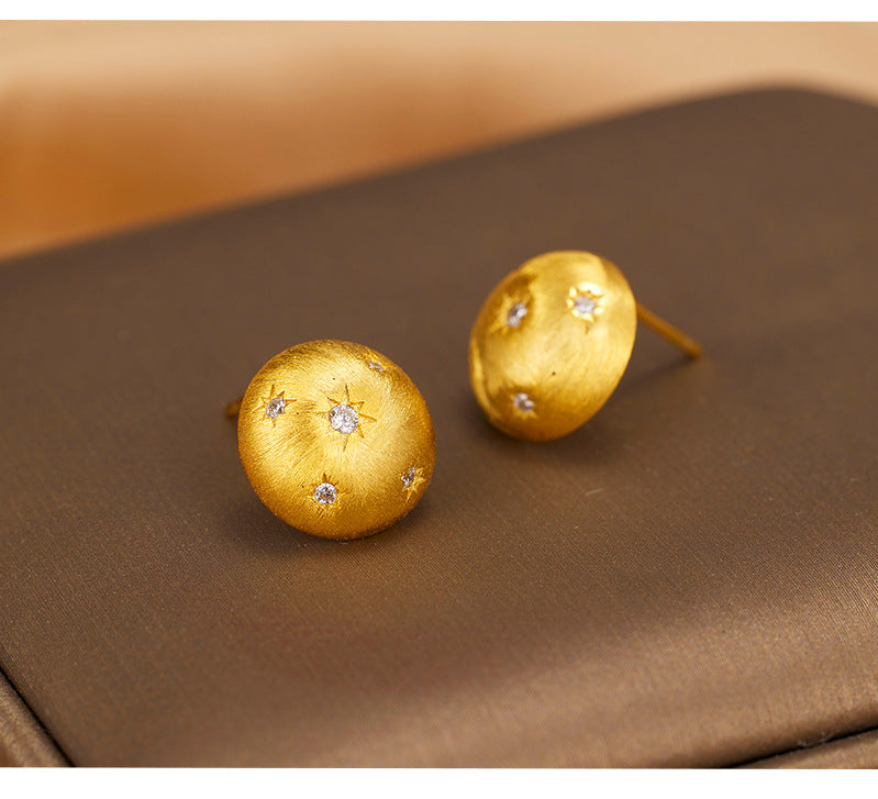 S925 Sterling Silver Stud Earrings Women's Medieval Gilt Round Star Earrings
