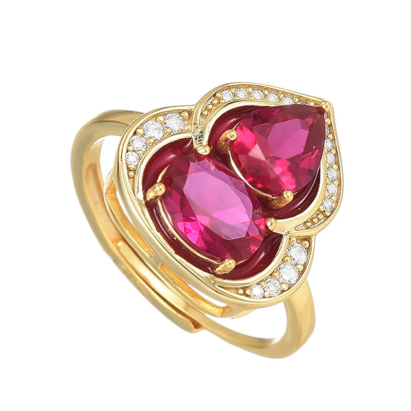 S925 Sterling Silver Luxury Gourd Corundum Ring Gold Diamond Inlaid Adjustable Opening Women's Ring Birthday Gift