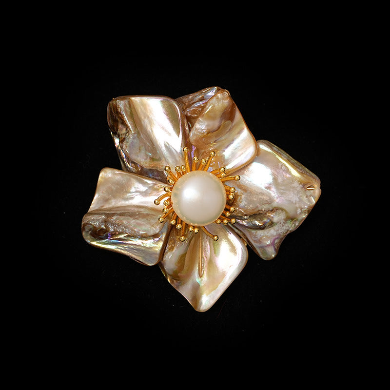 Buddha Life Shaped Baroque Shell Natural Freshwater Pearl Five Leaf Flower Brooch