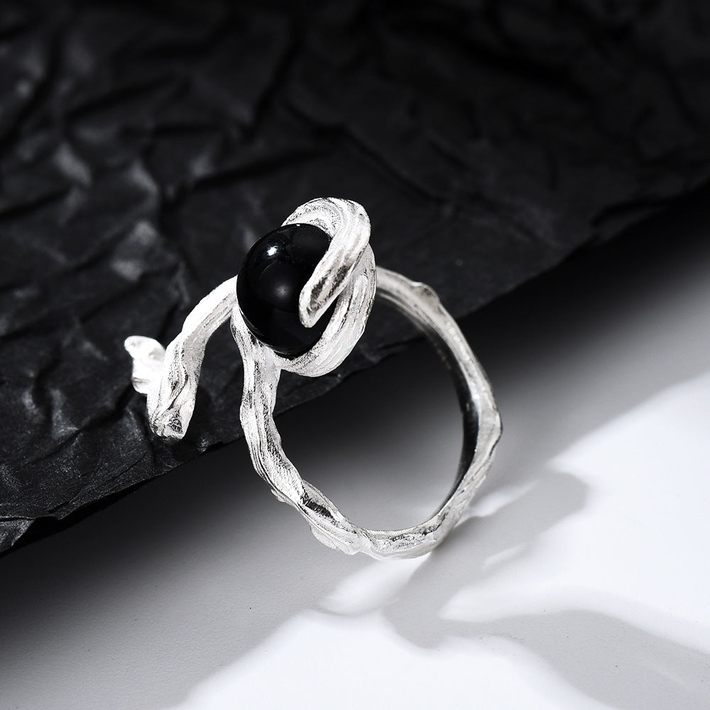 S925 Sterling Silver Black Onyx Open Ring – Adjustable Minimalist Wave Design Ring