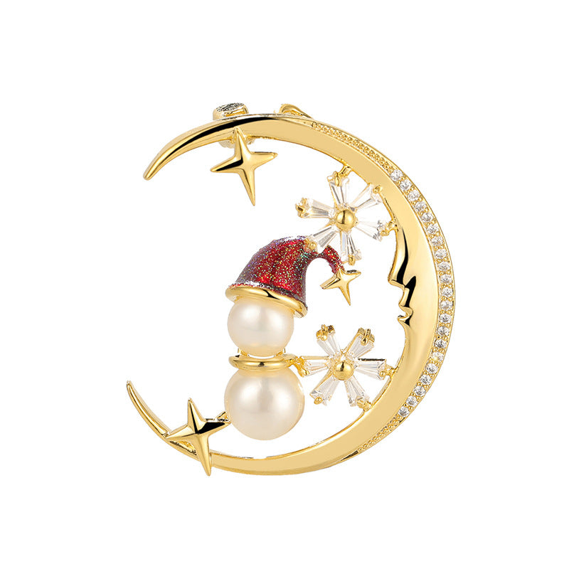 Zircon Moon Snowman Brooch, Freshwater Pearl Oil Christmas Gift Pin