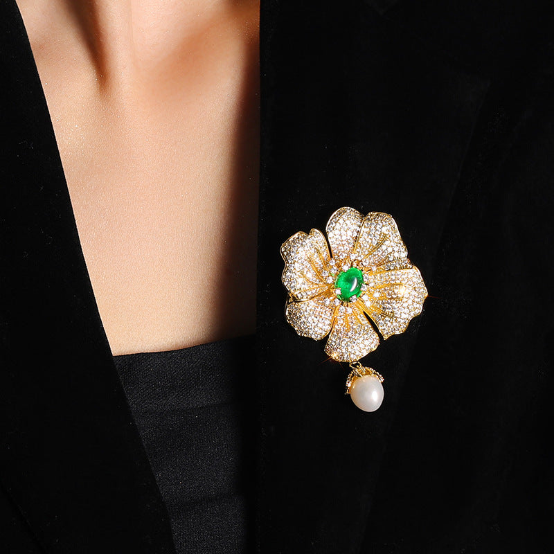 Chalcedony Natural Freshwater Pearl Camellia Brooch