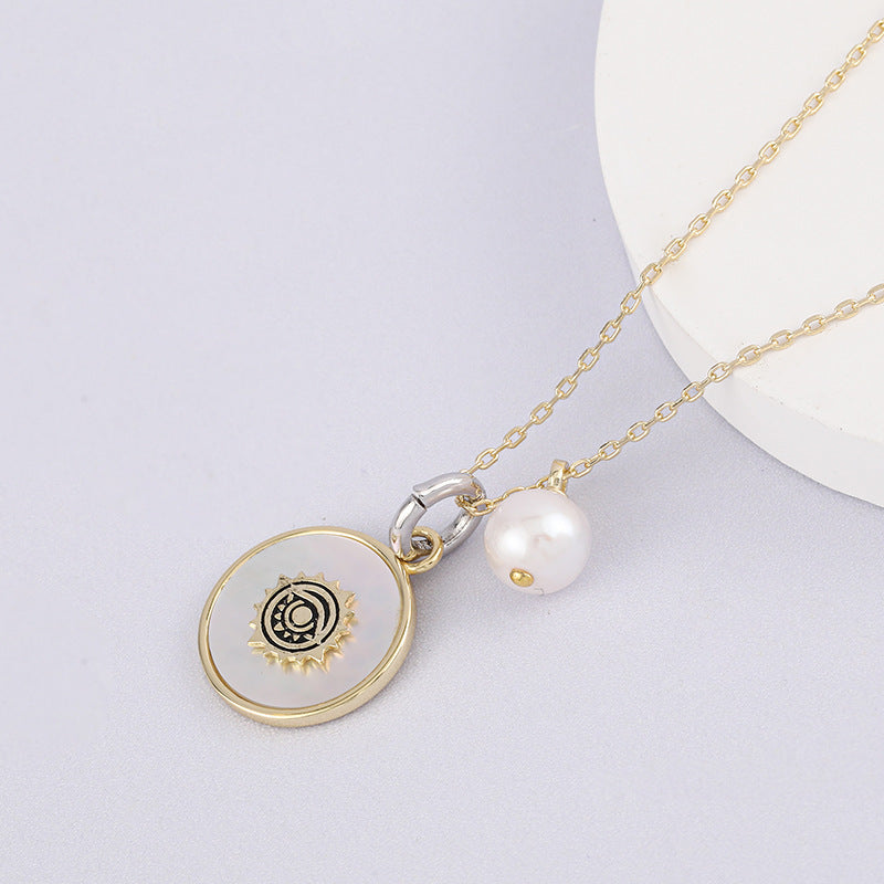 New S925 Silver Baroque Pearl White Mother Shell Blue Eye Necklace Collarbone Chain