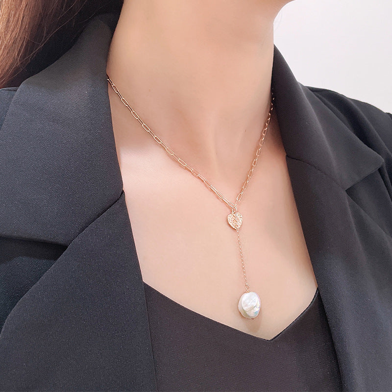 Gold Foil Love Necklace Women's 925 Silver Button Baroque Pearl Collarbone Chain