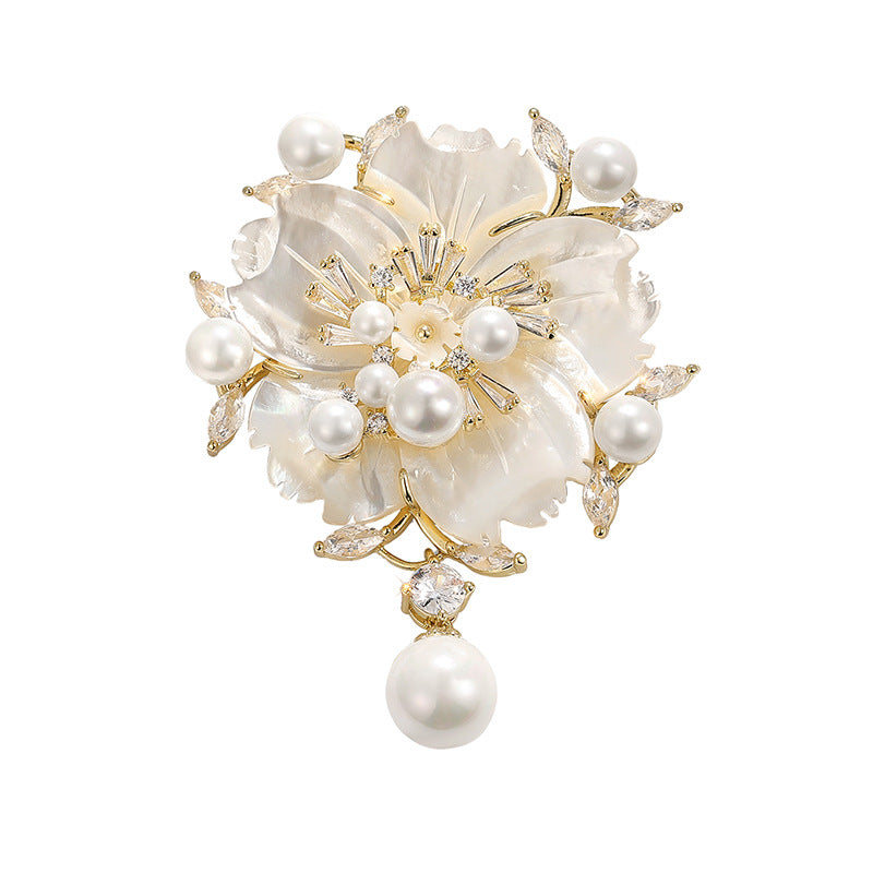 Mother Shell Brooch Pearl Camellia Zircon Corsage